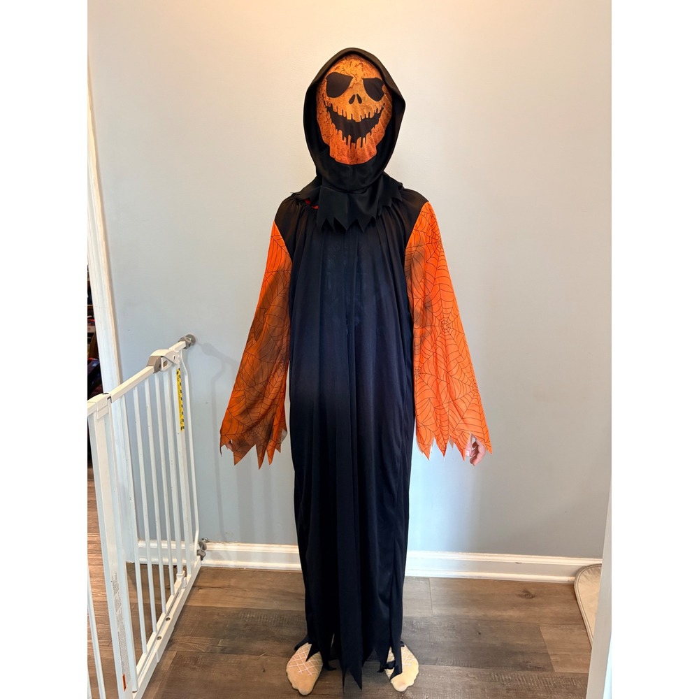 Kids Pumpkin Reaper Halloween Costume Black Orange Spiderweb Mask Robe L/XL